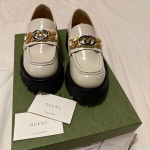 Gucci Ivory Loafers with Gold Accent